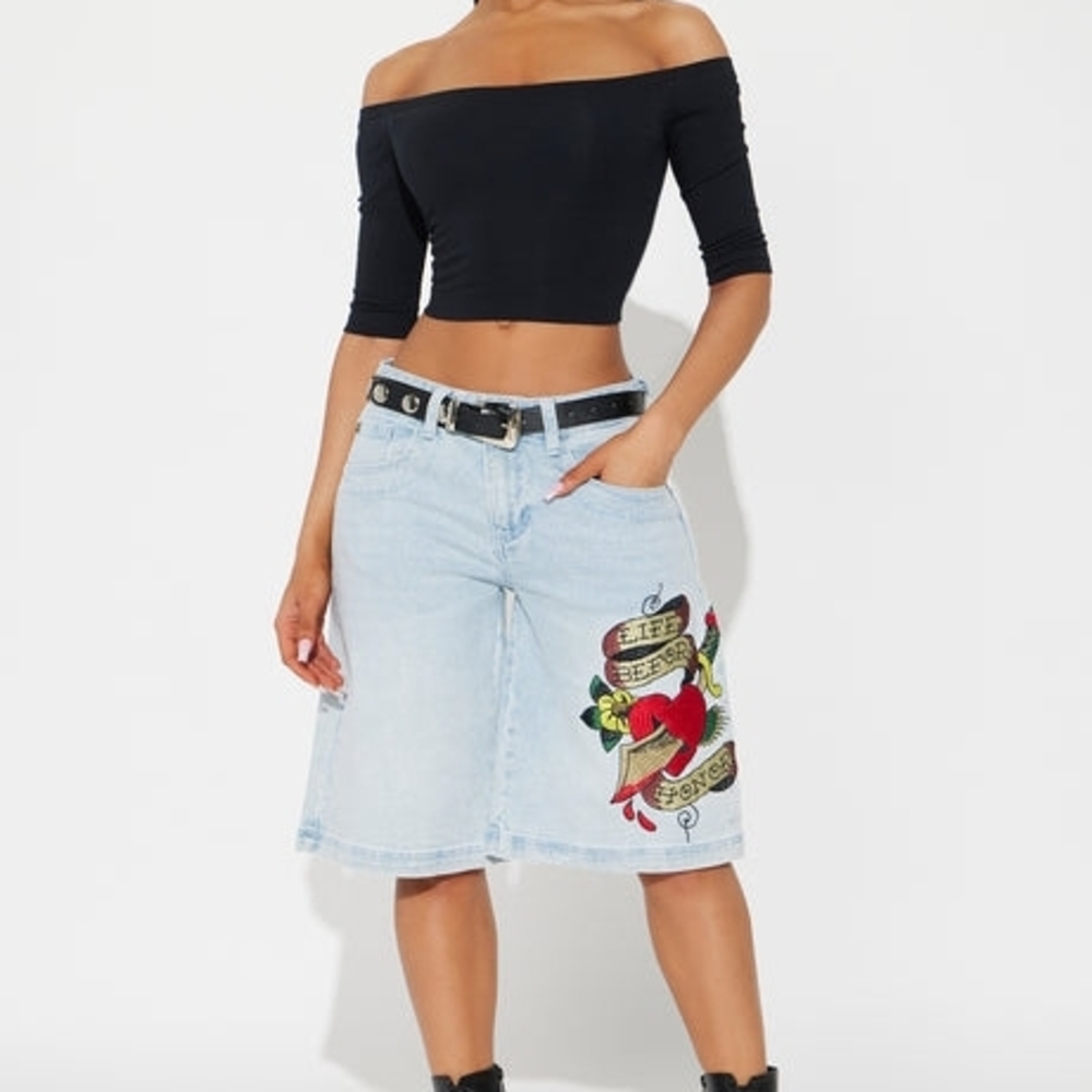 Ed Hardy Light Blue Jean Shorts with Red and Green Design